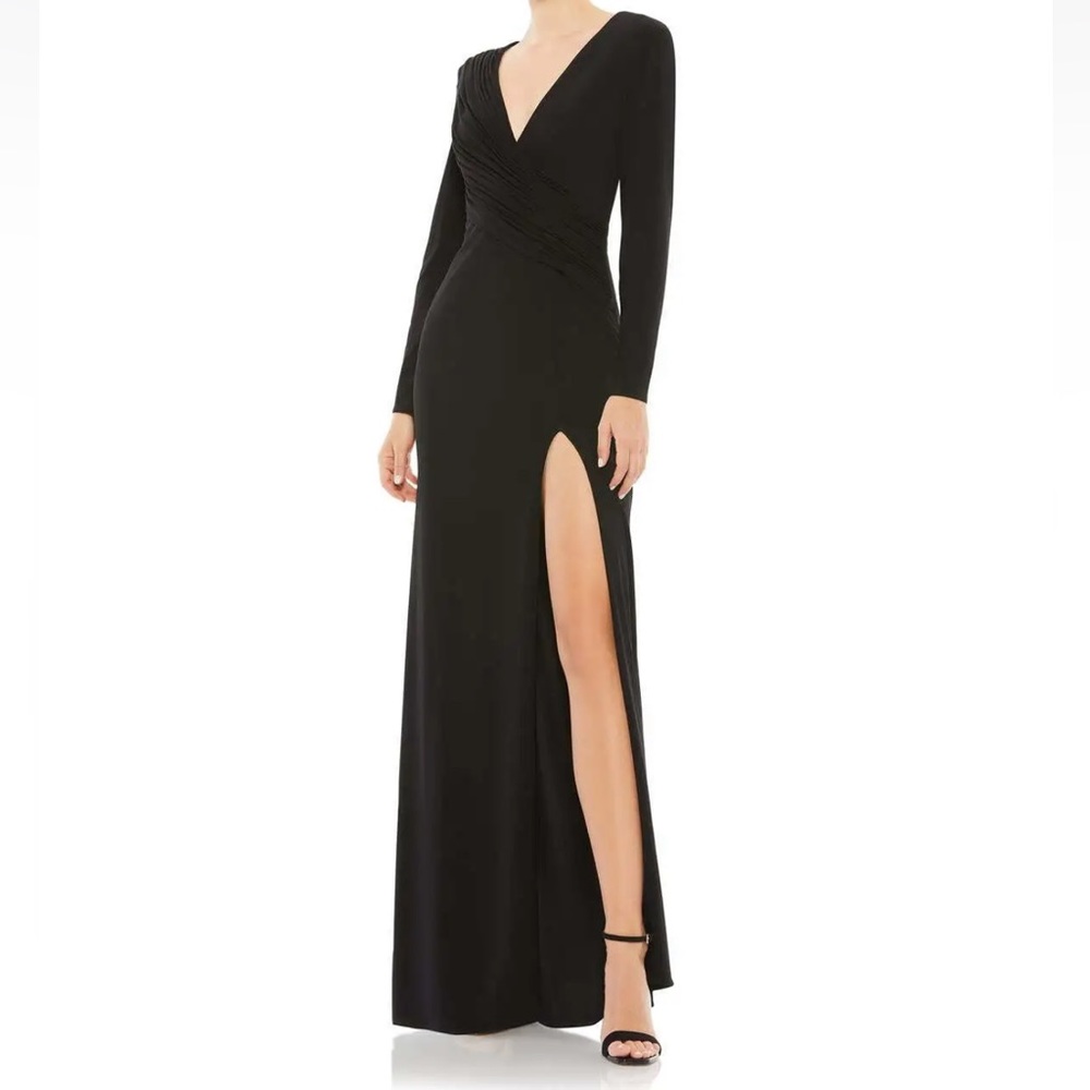 Mac Duggal Black Long Sleeve V-Neck Evening Gown with High Slit